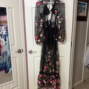 Floral Embroidered Black Mesh Dress